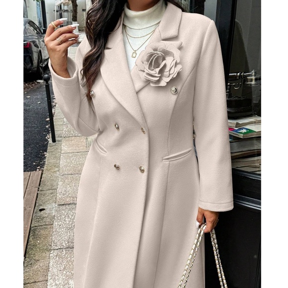 Classic Solid Double Button Floral Appliqué Mid Length Jacket Coat - Picture 5 of 13